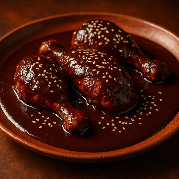 Enjoy assembling a puzzle depicting three glistening chicken drumsticks smothered in a rich, dark mole sauce and sprinkled with sesame seeds on a warm earthenwa