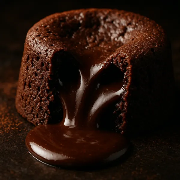 Enjoy assembling a puzzle depicting a decadent chocolate lava cake, its warm, glossy center oozing rich molten chocolate against deep, velvety brown cake textur