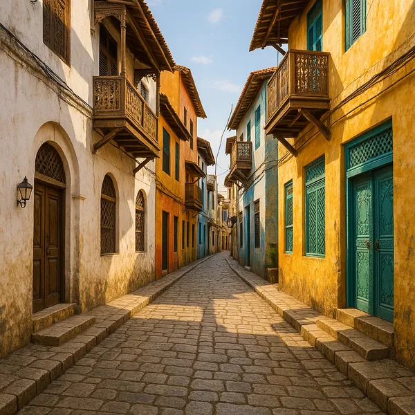 Discover a puzzle with a sunlit cobblestone alley flanked by warm, colorful houses and intricately carved wooden balconies.