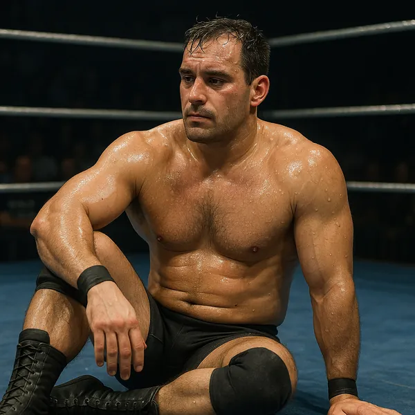Enjoy an online jigsaw puzzle designed for browser play, featuring a gritty sports scene of a lone wrestler resting in the ring.
