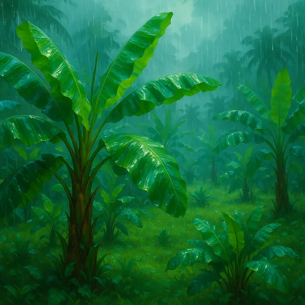 Discover a puzzle with a misty tropical scene of glossy banana leaves and young palms rising through a rain-washed understory.
