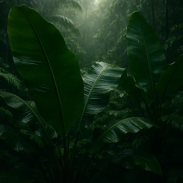 Discover a puzzle with oversized, glossy tropical leaves set against a misty rainforest backdrop — deep emerald and forest greens glisten with raindrops and sub