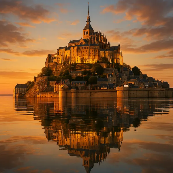 Enjoy assembling a puzzle depicting a majestic historic island abbey bathed in warm golden sunset light.