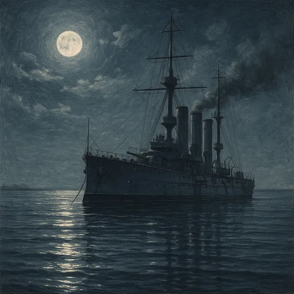 Discover a puzzle with a moonlit naval cruiser anchored on a glassy sea, the full moon casting a silvery path across gentle ripples.