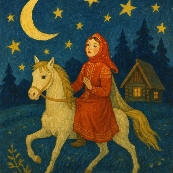 Discover a puzzle with a whimsical night scene of a young girl in a red folk dress riding a pale horse beneath a crescent moon and golden stars.