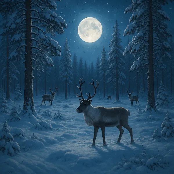Discover a puzzle with a serene moonlit winter forest where a family of reindeer stands amid deep blue snowdrifts under a glowing full moon.