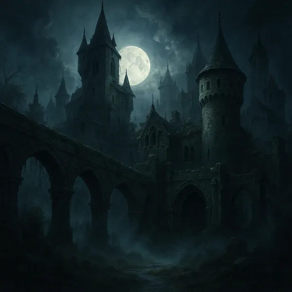 Discover a puzzle with a moonlit Gothic castle set among misty ruins and arched stone viaducts.