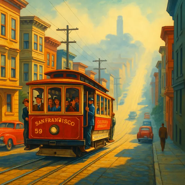 Discover a puzzle with a vintage San Francisco cable car climbing a sunlit, fog-kissed hill — a warm, nostalgic city scene full of red and ochre tones, classic
