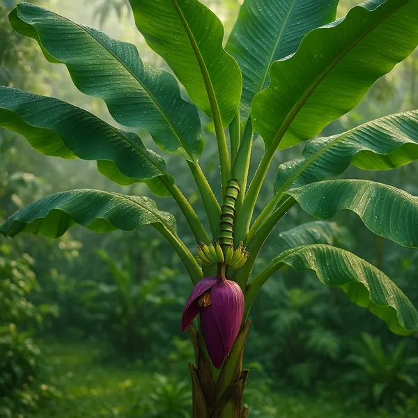 Discover a puzzle with a close-up view of a banana plant in a misty tropical forest, showcasing broad, dew-kissed green leaves and a striking purple banana flow