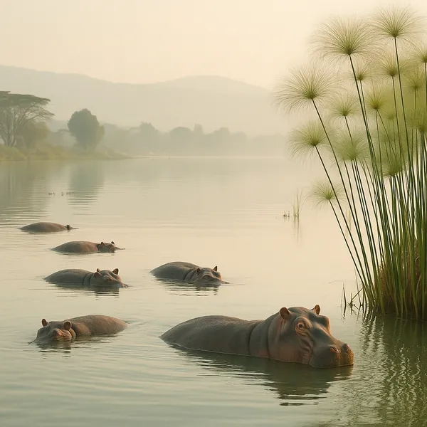 Discover a puzzle with a serene riverside scene where a calm pod of hippos floats quietly in misty, pastel-green water at dawn.