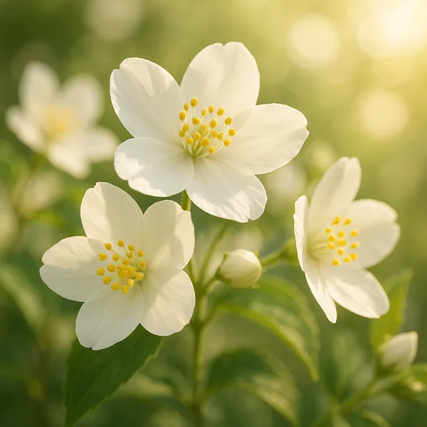 Discover a puzzle with delicate white blossoms captured in a soft close-up: creamy petals, sunny yellow stamens, and tender green leaves set against a warm gold