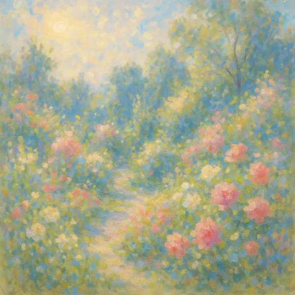 Discover a puzzle with a dreamy impressionist garden scene awash in soft pastel blues, greens, pinks, and buttery yellows.