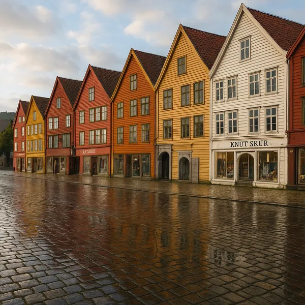 Discover a puzzle with a charming row of colorful wooden houses standing along a wet cobblestone street, their warm reds, oranges, yellows and white facades ref