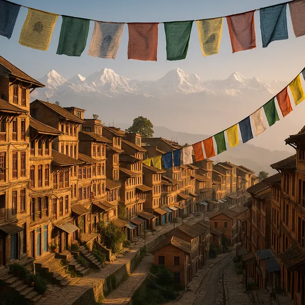 Discover a puzzle with colorful prayer flags fluttering above a sunlit mountain village framed by the snow-capped Himalayas.