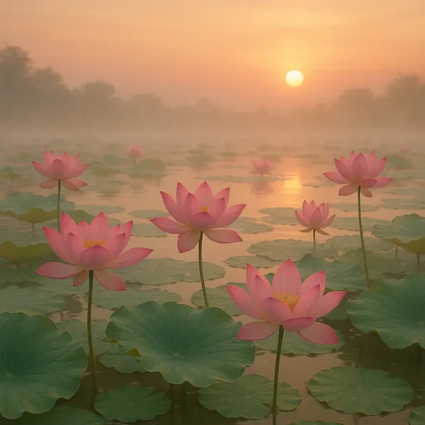 Discover a puzzle with delicate pink lotus blossoms rising above broad green pads on a misty pond at sunrise.
