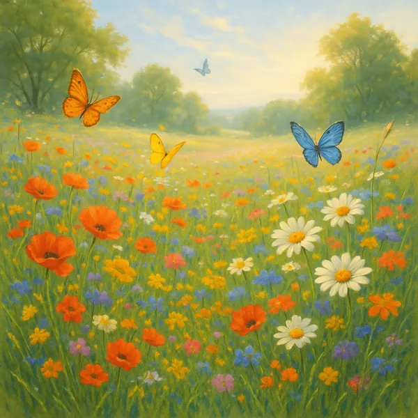 Discover a puzzle with a sunlit wildflower meadow alive with bright poppies, white daisies, and swathes of blue, yellow, and pink blooms under a soft golden sky
