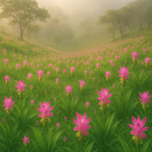 Discover a puzzle with a misty meadow carpeted in vivid pink blossoms, rolling gently into fog-softened hills dotted with graceful trees.