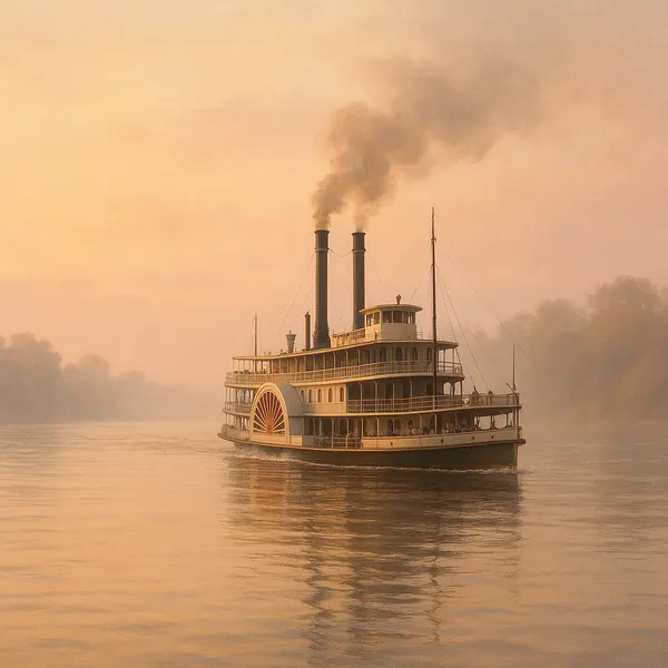 Discover a puzzle featuring a vintage paddlewheel steamboat gliding across a misty river at golden sunrise, with warm peach and amber tones, soft reflections on