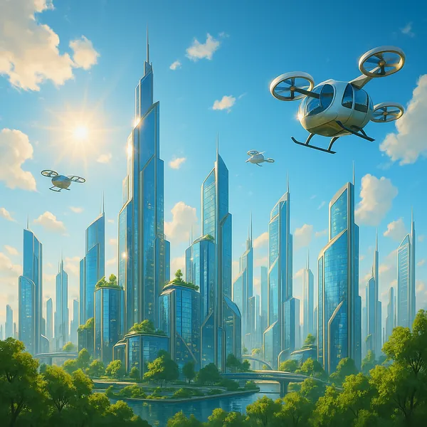 Enjoy an online jigsaw puzzle designed for browser play, featuring a bright futuristic cityscape alive with sleek skyscrapers and airborne vehicles.