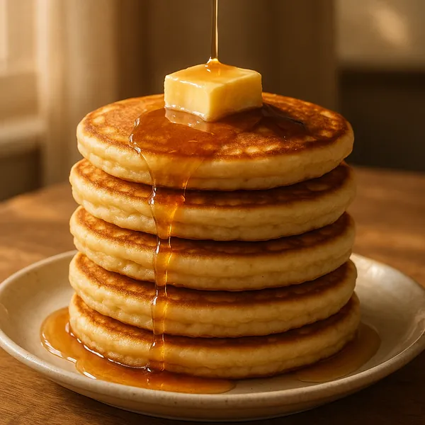 Enjoy assembling a puzzle depicting a tall stack of golden pancakes topped with a melting pat of butter and amber syrup slowly drizzling down the sides.