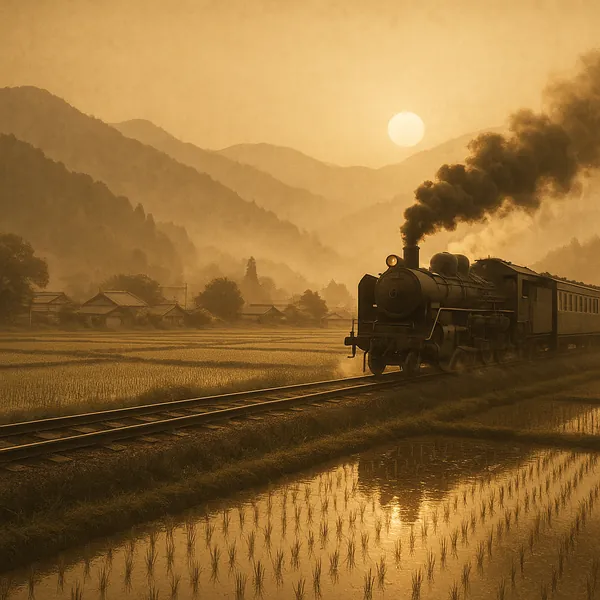 Discover a puzzle with a vintage steam train chugging past reflective rice paddies at sunset, set against layers of misty mountains and a small countryside vill