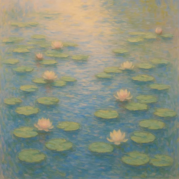 Discover a puzzle with a tranquil pond of water lilies rendered in soft, impressionistic pastels — floating green pads and pale pink blooms drifting across ripp
