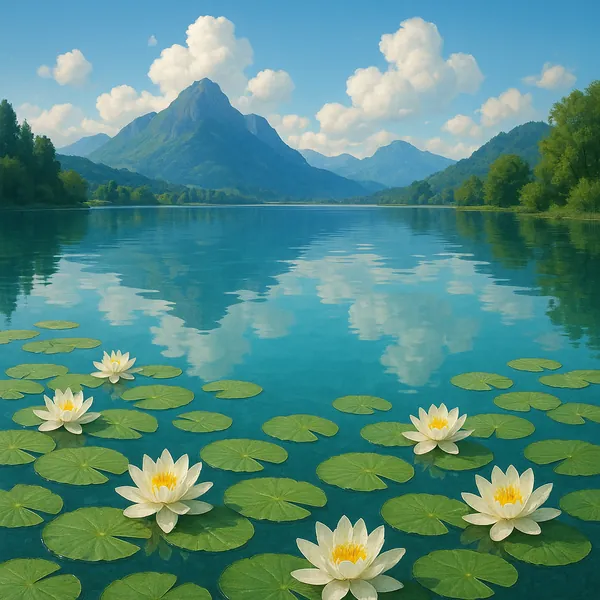 Discover a puzzle with a serene lakeside scene featuring emerald lily pads and white water lilies floating on glassy turquoise water, framed by distant blue-gre