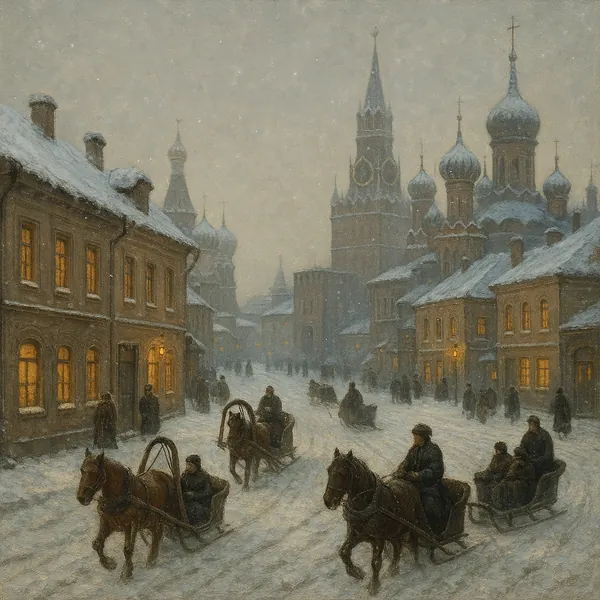 Discover a puzzle with a peaceful, snow‑blanketed historic cityscape showing horse-drawn sleighs gliding down a lantern-lit street toward onion‑domed churches a