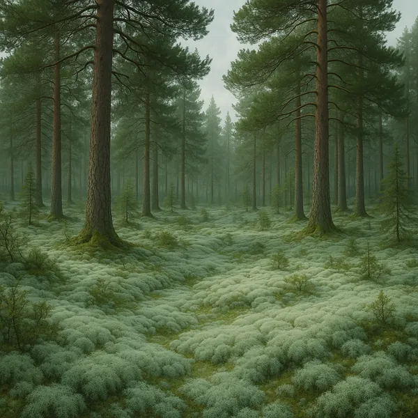 Discover a puzzle with a serene, misty pine forest carpeted in soft, pale-green moss.