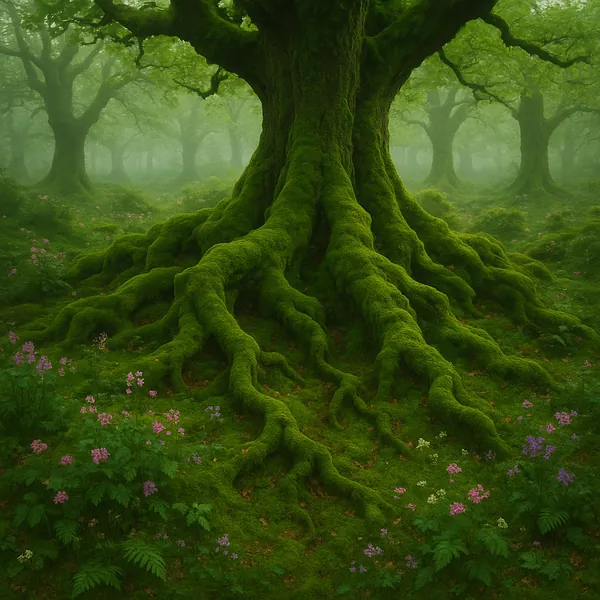Discover a puzzle with a majestic moss-covered oak whose enormous, winding roots spread across a soft, green forest floor.