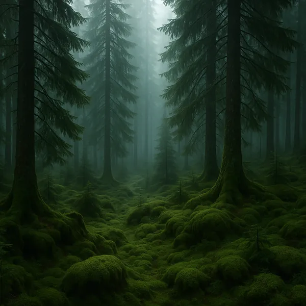 Discover a puzzle with a misty, moss‑carpeted evergreen forest alive in deep greens and soft teal fog.