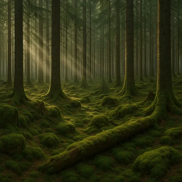 Discover a puzzle with a tranquil, moss-carpeted forest where tall, straight pines rise in rhythmic rows and soft golden sunbeams pierce a gentle morning mist.