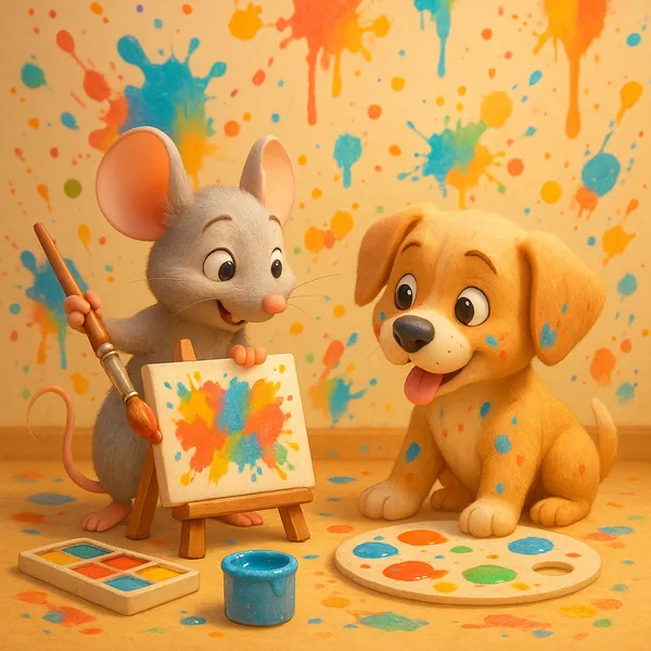 Enjoy assembling a puzzle depicting an adorable mouse and playful puppy caught in a colorful painting session.