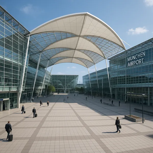 Discover a puzzle with the sweeping modern canopy and glass façades of München Airport, captured in soft daylight against a clear blue sky.