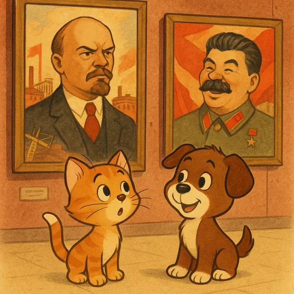 Enjoy assembling a puzzle depicting a charming museum scene where an inquisitive orange kitten and a cheerful brown puppy sit beneath two large, framed portrait