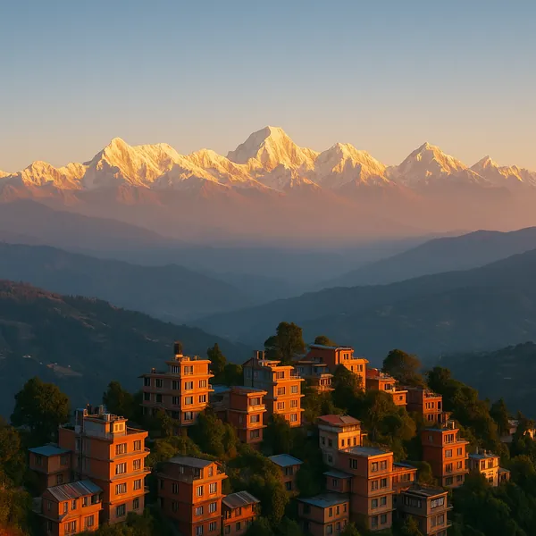Discover a puzzle with a sunlit mountain village nestled on a green hillside beneath a majestic range of snow‑capped peaks glowing in warm alpenglow — perfect f