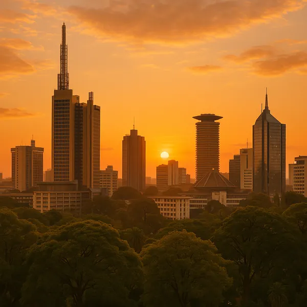Discover a puzzle with a warm, golden-hour city skyline as the sun sinks between tall skyscrapers and a ringed tower, backlighting sleek glass facades and casti