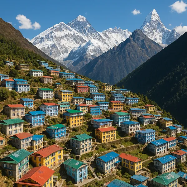 Discover a puzzle with a colorful mountain village set against towering snow-capped peaks, now on PuzzleFree.Game.