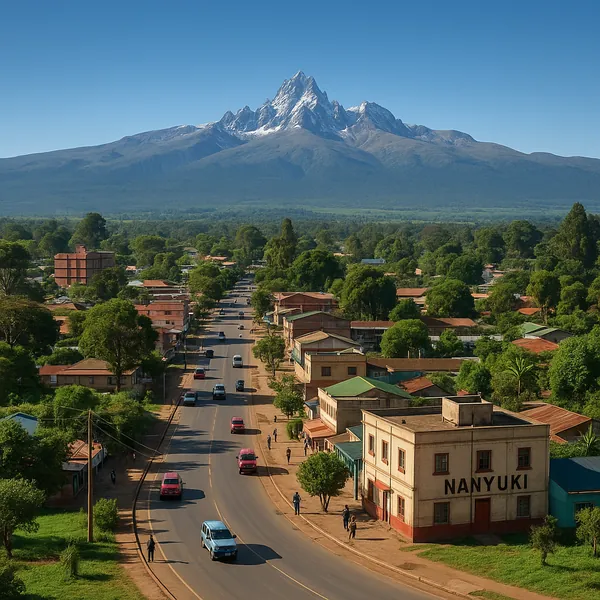 Discover a puzzle with a sunlit mountain town framed by a towering, snow-dusted peak rising above green forests and rolling foothills.