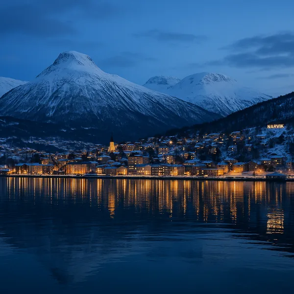 Discover a puzzle with a tranquil coastal town nestled beneath snow‑capped mountains, their blue twilight hues softly mirrored in the calm fjord.
