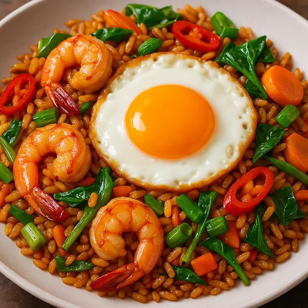 Discover a puzzle with a close-up of a vibrant shrimp fried rice topped with a glossy sunny-side-up egg, plump orange prawns, bright green scallions and spinach
