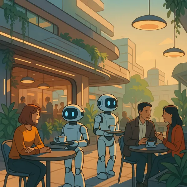 Here’s an online jigsaw puzzle you can play in your browser, focused on a cozy city café scene where friendly robots mingle with people — a lovely blend of urba