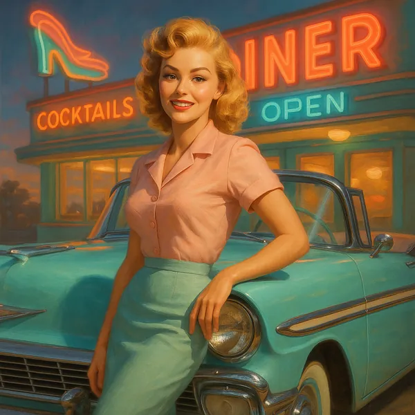 Discover a puzzle with a smiling woman in a pastel 1950s scene, leaning against a turquoise vintage car in front of a neon-lit diner.
