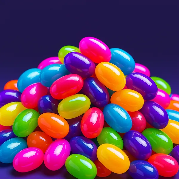 Enjoy an online jigsaw puzzle designed for browser play, featuring a bright, colorful pile of glossy jellybeans that make a cheerful food-themed image.
