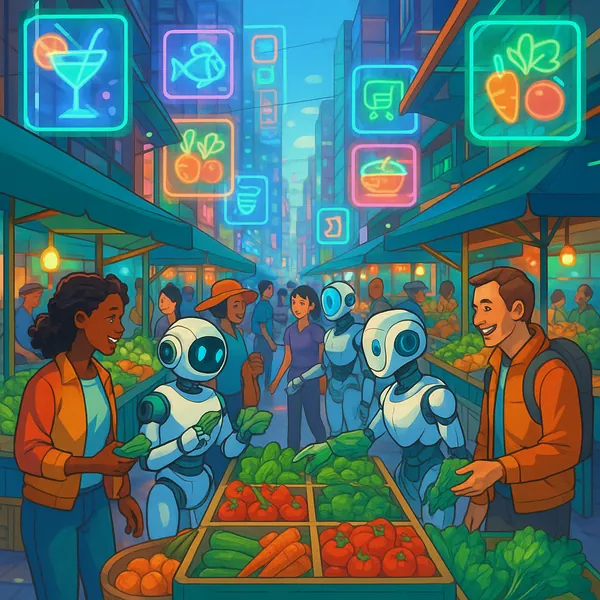 Enjoy an online jigsaw puzzle designed for browser play, featuring a vibrant city market scene where fresh produce and friendly robots mingle.
