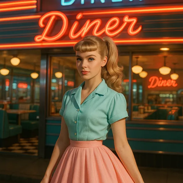 Enjoy assembling a puzzle depicting a retro diner scene with a poised young woman in a mint-green blouse and soft pink skirt standing under warm neon "Diner" si