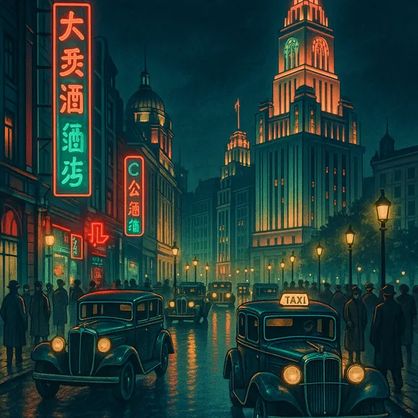 Discover a puzzle with a rain-slicked, neon-lit city street scene featuring vintage cars and a taxi in the foreground, tall art‑deco buildings glowing in warm a