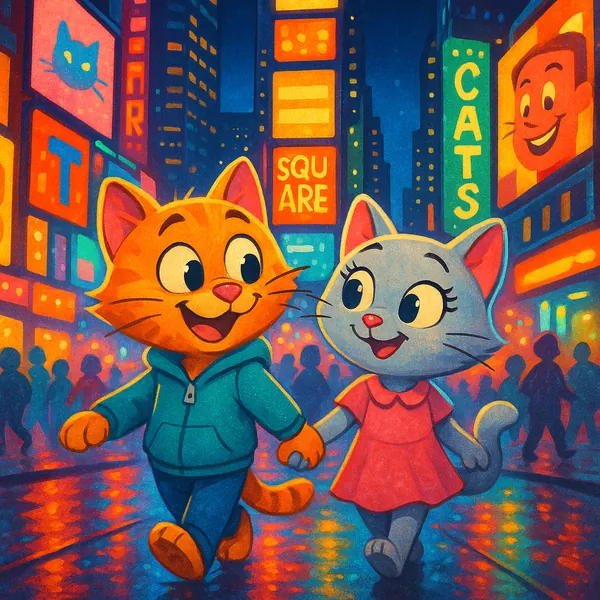 Discover a puzzle with two cheerful cartoon cats holding paws as they stroll through a neon-lit city square at night.