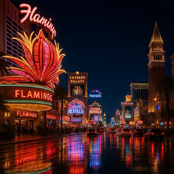 Discover a puzzle with a glittering Las Vegas night scene, full of neon signs like the Flamingo, Casino Royale, Caesars Palace and the Venetian glowing in reds,