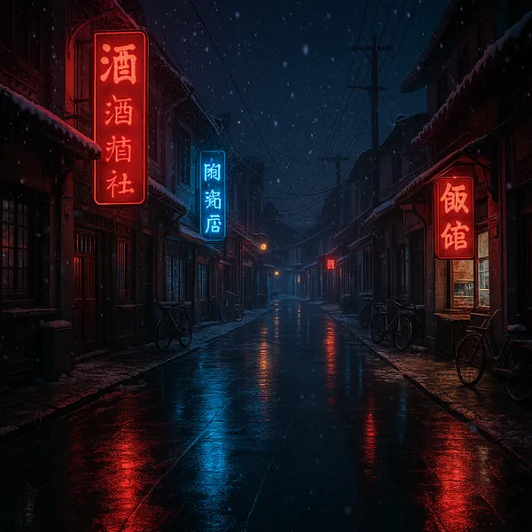 Discover a puzzle with a quiet, snow-flecked night street lit by warm red and cool blue neon signs reflecting on glistening wet pavement.